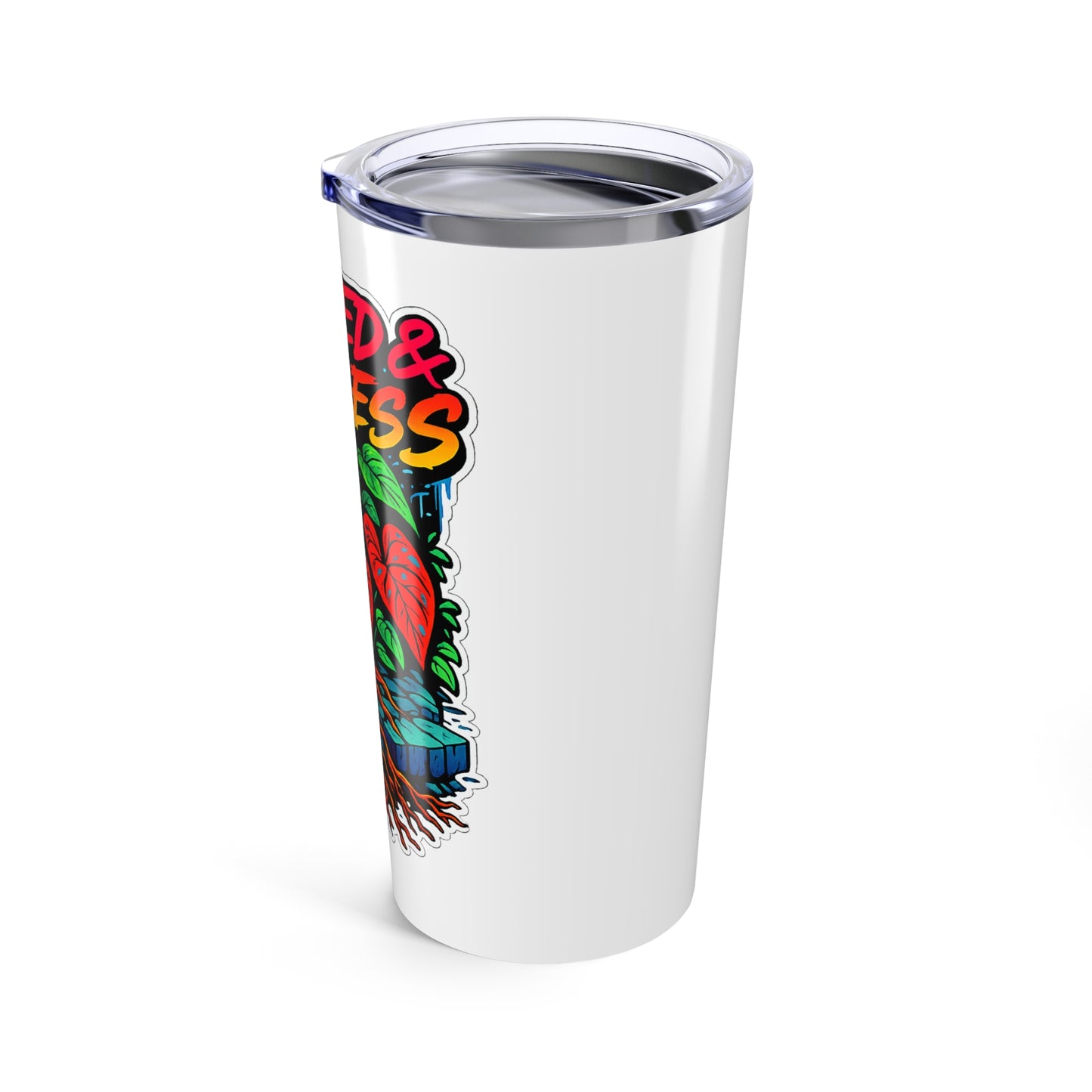 White tumbler with colorful design and text on a white background