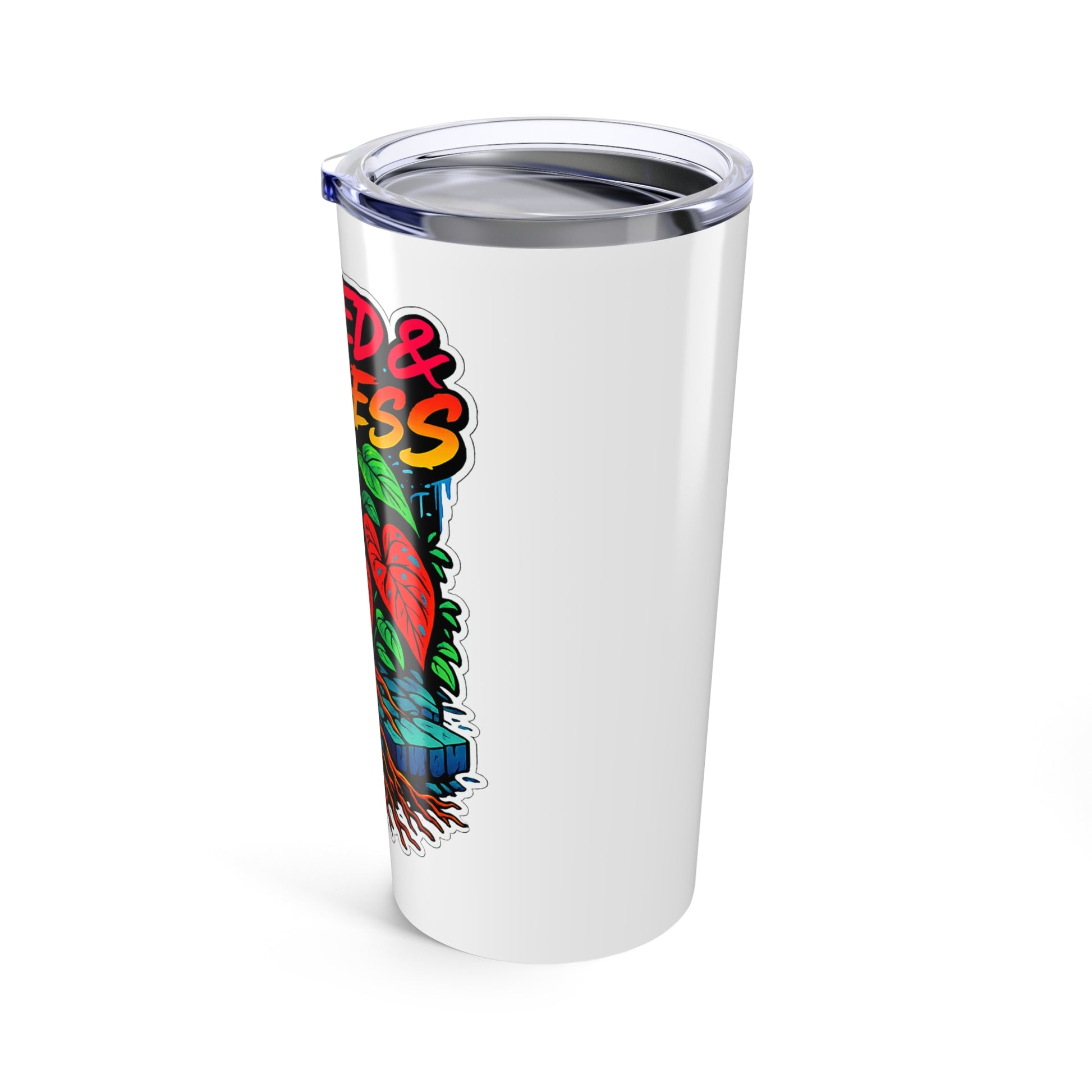White tumbler with colorful design and text on a white background
