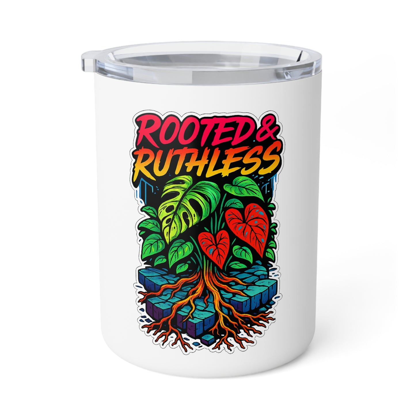 White tumbler with colorful plant design and 'Rooted & Ruthless' text on a white background