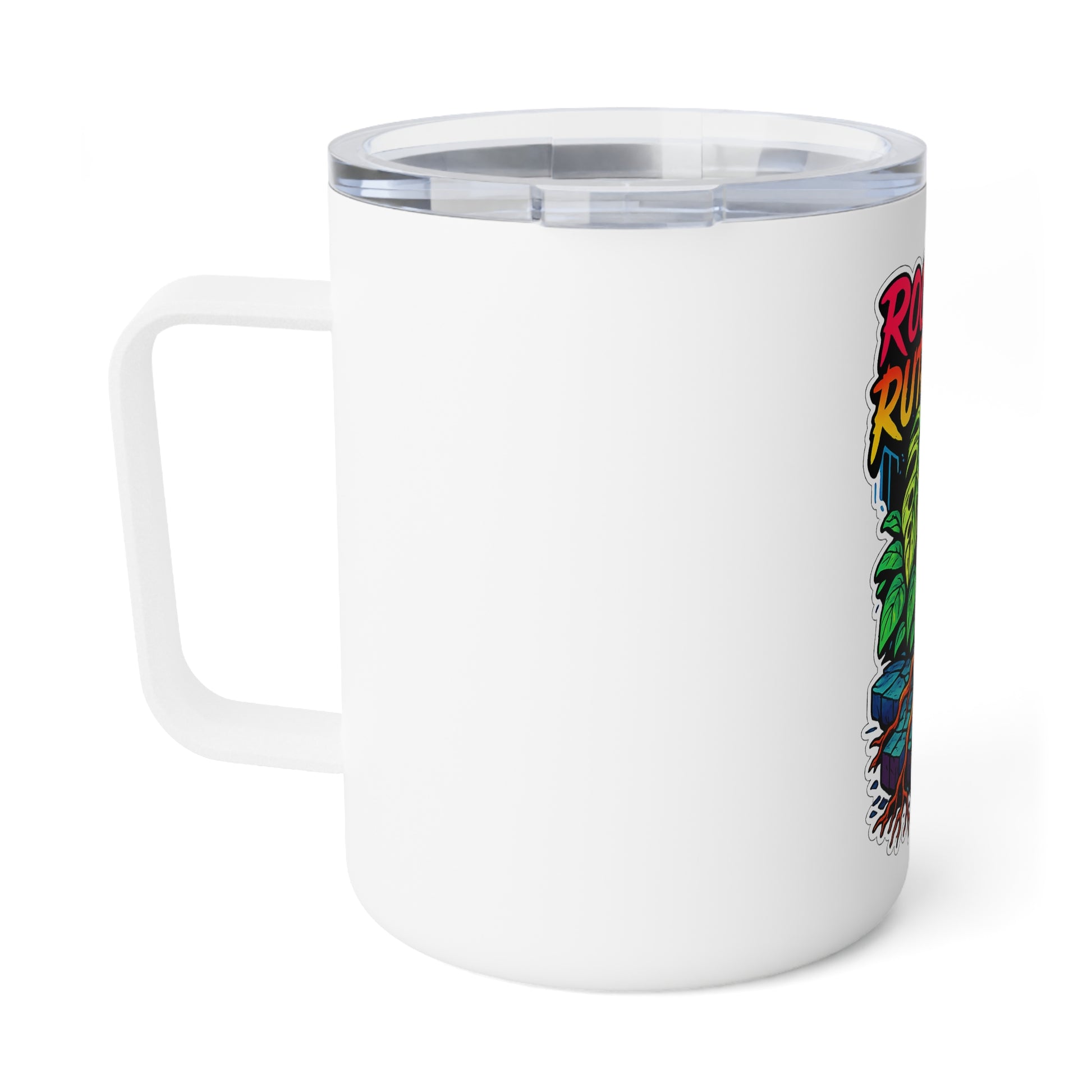 White mug with colorful text design on a white background