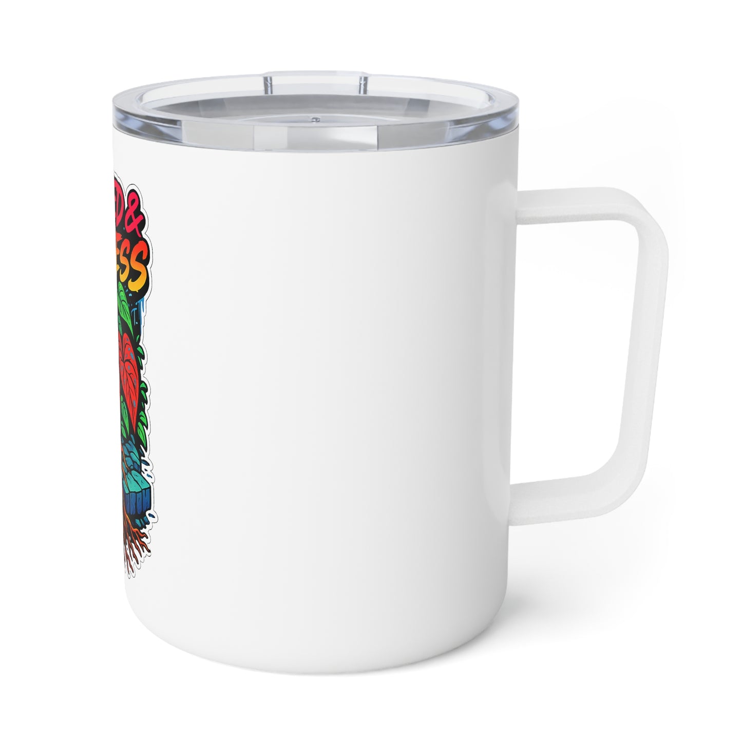 White mug with a colorful design on a white background