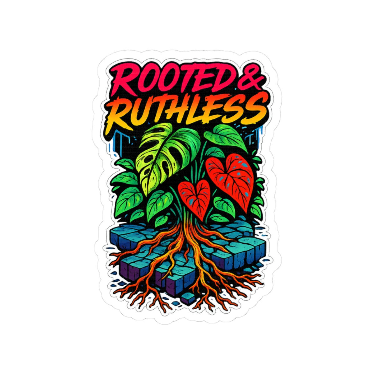 Sticker with colorful plants and 'Rooted & Ruthless' text on a white background