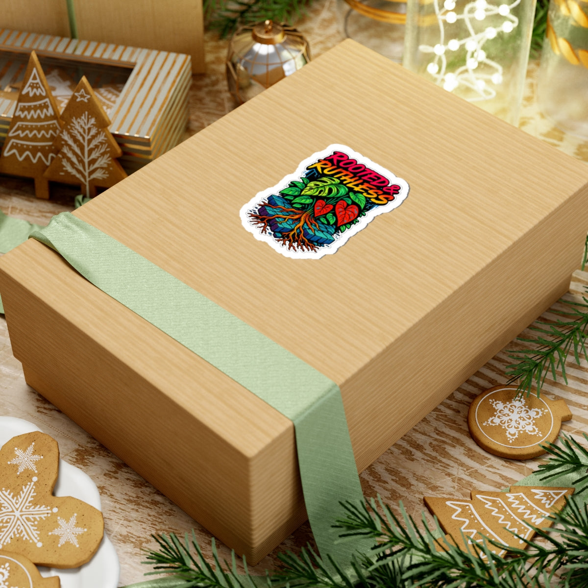 Gift box with a colorful sticker on a festive background with cookies and decorations