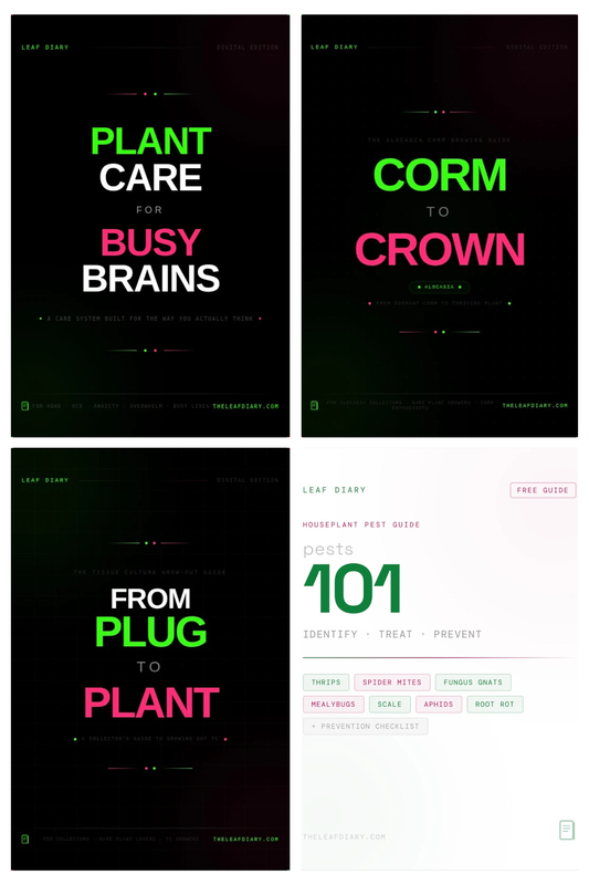 The Leaf Diary Digital Book Collection — complete bundle of 4 interactive plant guides including From Plug to Plant, Corm to Crown, Plant Care for Busy Brains, and Pests 101. Black and neon pink and green Leaf Diary branding. Instant digital download.